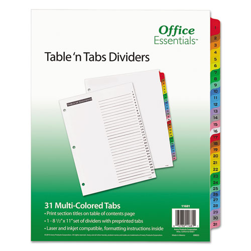 Table 'n Tabs Dividers, 31-Tab, 1 to 31, 11 x 8.5, White, Assorted Tabs, 1 Set
