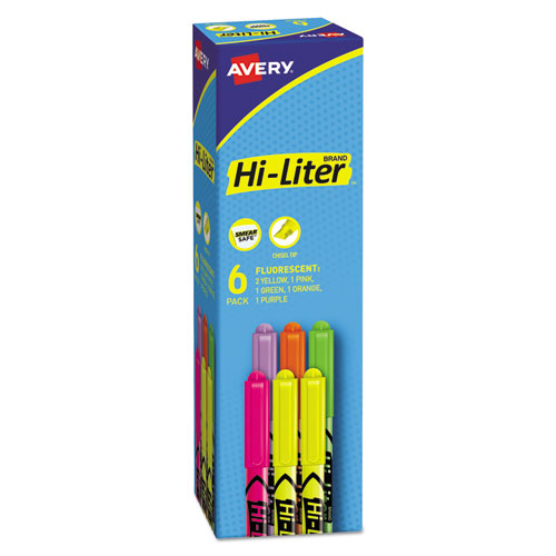 Avery® HI-LITER Pen-Style Highlighters, Chisel Tip, Assorted Fluorescent Colors, 6/Set