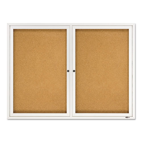 Enclosed Indoor Cork Bulletin Board with Two Hinged Doors, 48 x 36, Natural Surface, Silver Aluminum Frame