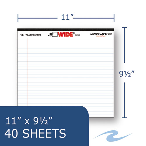 Image of Roaring Spring® Wide Landscape Format Writing Pad, Unpunched With Standard Back, Medium/College Rule, 40 White 11 X 9.5 Sheets