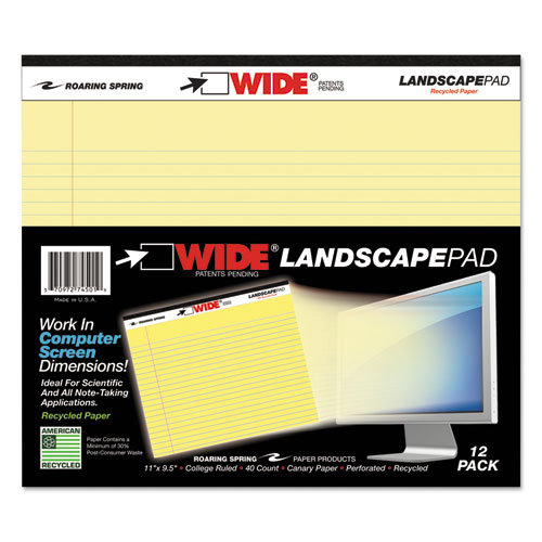 WIDE Landscape Format Writing Pad, Medium/College Rule, 11 x 9.5, Canary, 40 Sheets