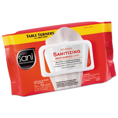No-Rinse Sanitizing  Multi-Surface Wipes, 9 x 8, Unscented, White, 72 Wipes/Pack, 12 Packs/Carton
