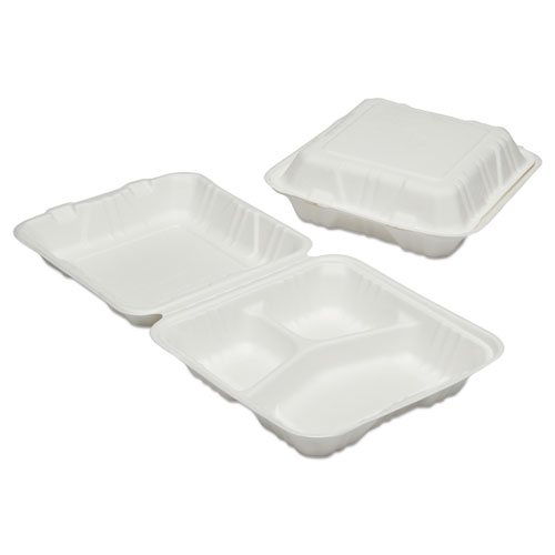 7350016646909, SKILCRAFT Clamshell Hinged Lid ToGo Food Containers, 3 Compartment, 9 x 9 x 3, White, Paper, 200/Box