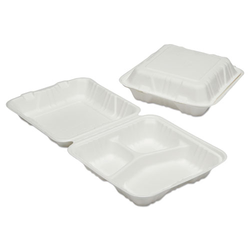 White Hinged Large Food Container, 3 Compartment, 9x9x3