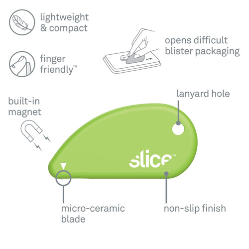 Image of Slice® Safety Cutters, Fixed, Non Replaceable Micro Safety Blade, 0.1" Ceramic Blade, 2.4" Plastic Handle, Green