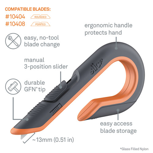 Image of Slice® Box Cutters, Double Sided, Replaceable, 1.29" Carbon Steel Blade, 7" Nylon Handle, Gray/Orange
