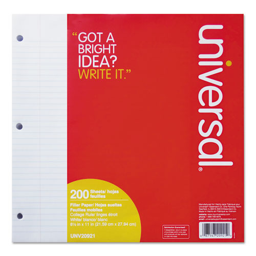 Image of Universal® Filler Paper, 3-Hole, 8.5 X 11, Medium/College Rule, 200/Pack