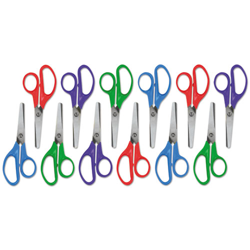 Kids' Scissors, Rounded Tip, 5" Long, 1.75" Cut Length, Assorted Straight Handles, 12/Pack