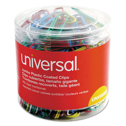 Image of Universal® Plastic-Coated Paper Clips, Jumbo, Assorted Colors, 250/Pack
