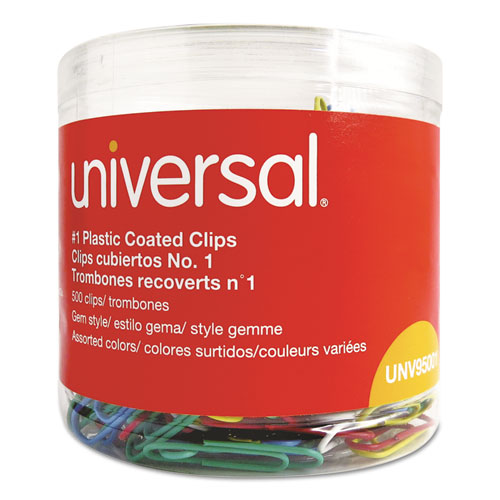 Image of Universal® Plastic-Coated Paper Clips With One-Compartment Storage Tub, #1, Assorted Colors, 500/Pack