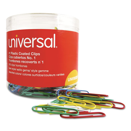 Image of Universal® Plastic-Coated Paper Clips With One-Compartment Storage Tub, #1, Assorted Colors, 500/Pack