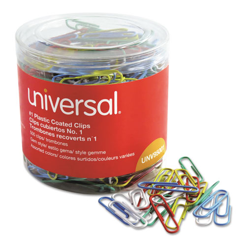 Plastic-Coated Paper Clips with One-Compartment Storage Tub, #1, Assorted Colors, 500/Pack