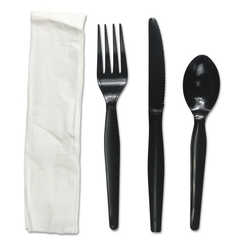 Image of Four-Piece Cutlery Kit, Fork/Knife/Napkin/Teaspoon, Black, 250/Carton