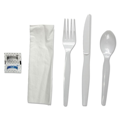 Image of Six-Piece Cutlery Kit, Condiment/Fork/Knife/Napkin/Spoon, Heavyweight, White, 250/Carton