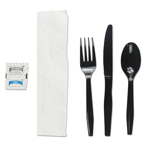 Image of Six-Piece Cutlery Kit, Condiment/Fork/Knife/Napkin/Teaspoon, Black, 250/Carton