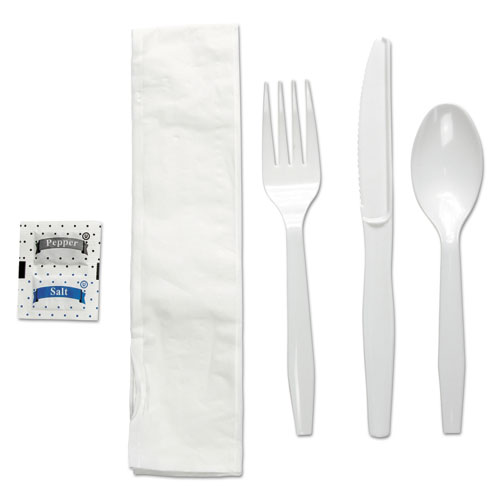 Boardwalk® Six-Piece Cutlery Kit, Condiment/Fork/Knife/Napkin/Teaspoon, White, 250/Carton