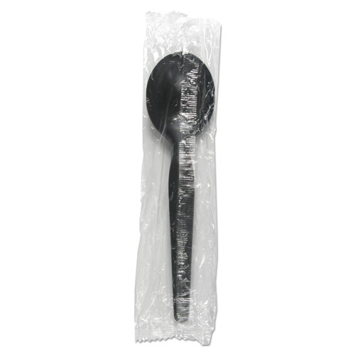 Image of Heavyweight Wrapped Polystyrene Cutlery, Soup Spoon, Black, 1,000/Carton