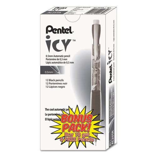 Pentel® Icy Mechanical Pencil, 0.5 Mm, Hb (#2.5), Black Lead, Transparent Smoke Barrel, 24/Pack