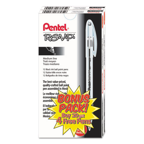 R.S.V.P. Stick Ballpoint Pen Value Pack, 1mm, Black Ink, Clear/Black Barrel, 24/Pack | by Plexsupply