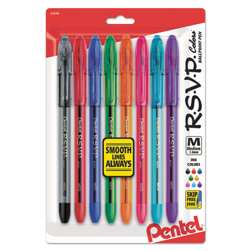 R.S.V.P. Stick Ballpoint Pen, Medium 1mm, Assorted Ink/Barrel, 8/Pack | by Plexsupply