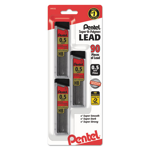 Pentel® Super Hi-Polymer Lead Refills, 0.5mm, HB, Black, 30/Tube, 3 Tubes/Pack