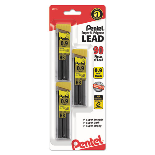 Pentel® Super Hi-Polymer Lead Refills, 0.9 mm, HB, Black, 30/Tube, 3 Tubes/Pack