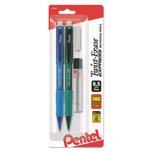 Pentel® Twist-Erase EXPRESS Mechanical Pencils with Tube of Leads/Eraser, 0.5 mm, HB (#2), Black Lead, (2) Assorted Barrel Colors
