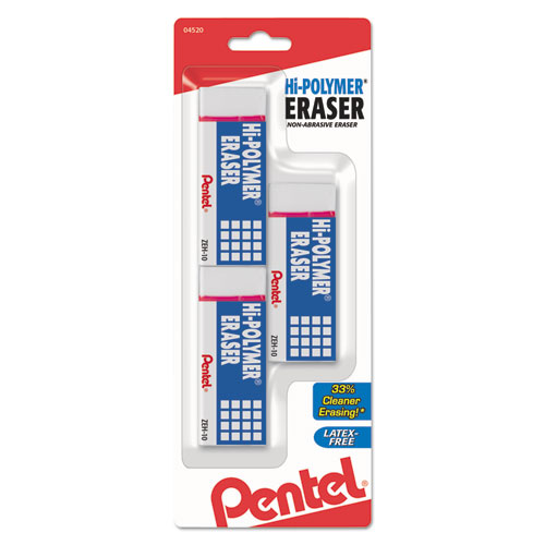 Hi-Polymer Eraser, For Pencil Marks, Rectangular Block, Medium, White, 3/Pack