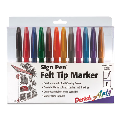 Sign Pen Color Marker, Extra-Fine Bullet Tip, Assorted Colors, 12/Set | by Plexsupply