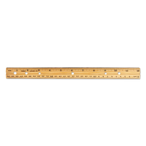 Beveled Wood Ruler w/Single Metal Edge, 3-Hole Punched, 12", Natural, 36/Box | by Plexsupply