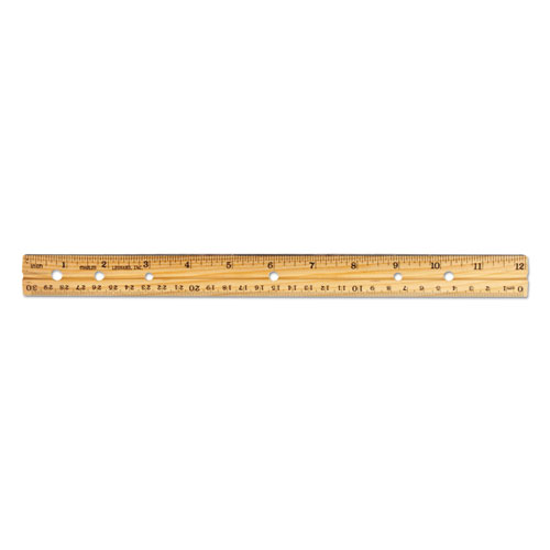 Image of Charles Leonard® Beveled Wood Ruler W/Single Metal Edge, 3-Hole Punched, Standard/Metric, 12" Long, Natural, 36/Box