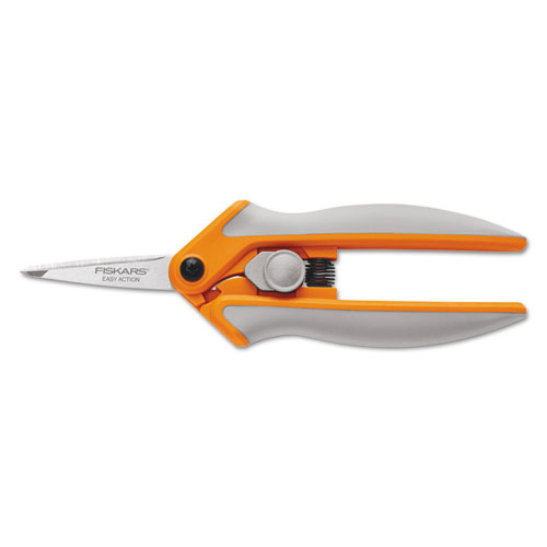 Fiskars® Easy Action Micro-Tip Scissors, Pointed Tip, 5" Long, 1.75" Cut Length, Gray Straight Handle