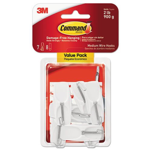 Image of Command™ General Purpose Wire Hooks, Medium, Metal, White, 2 Lb Capacity, 7 Hooks And 8 Strips/Pack