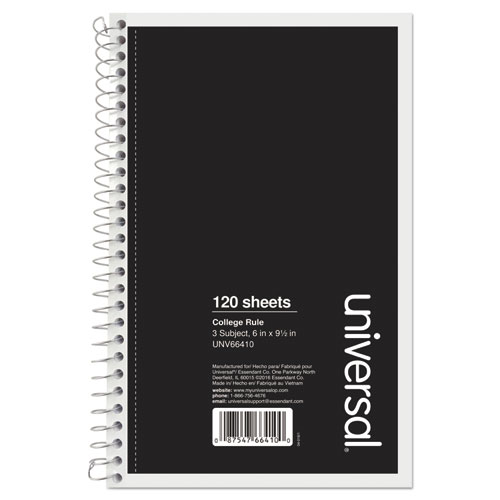 Universal® Wirebound Notebook, 3-Subject, Medium/College Rule, Black Cover, (120) 9.5 X 6 Sheets