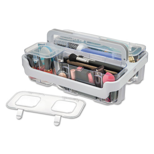 Image of Stackable Caddy Organizer with S, M and L Containers, Plastic, 10.5 x 14 x 6.5, White Caddy/Clear Containers