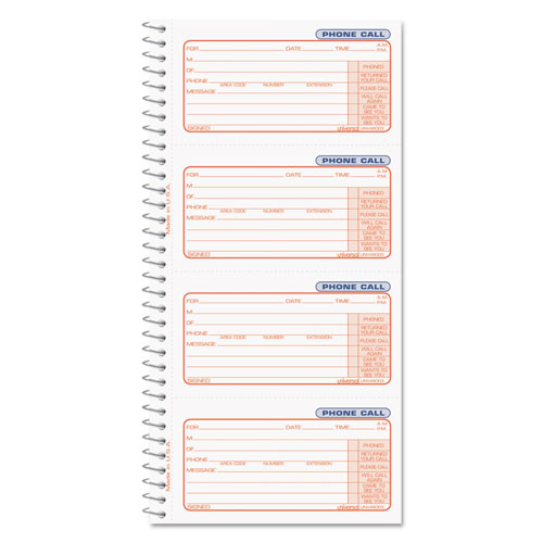 Wirebound Message Books, Two-Part Carbonless, 5 x 2.75, 4/Page, 400 Forms