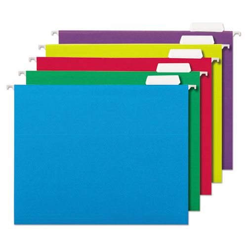 DELUXE BRIGHT COLOR HANGING FILE FOLDERS, LETTER SIZE, 1/5-CUT TAB, ASSORTED, 25/BOX