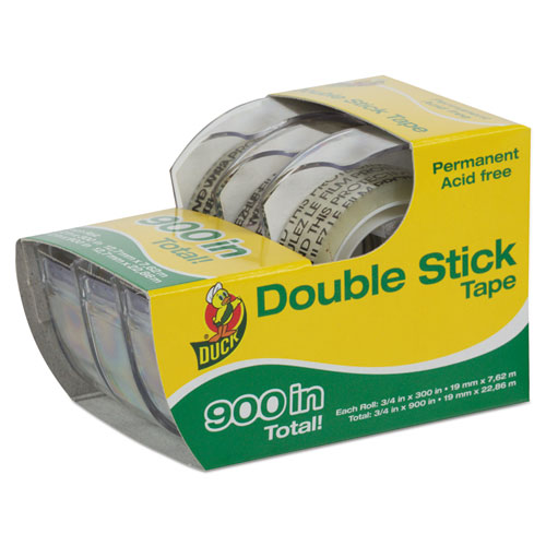 Image of Permanent Double-Stick Tape with Dispenser, 1" Core, 0.5" x 25 ft, Clear, 3/Pack