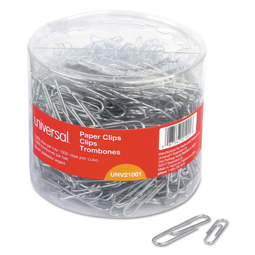 Plastic-Coated Paper Clips with One-Compartment Storage Tub, (750) #1 (1.75"), (250) Jumbo (2"), Silver