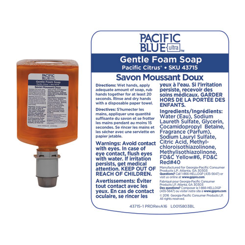 Image of Georgia Pacific® Professional Pacific Blue Ultra Foam Soap Manual Dispenser Refill, Pacific Citrus, 1,200 Ml, 4/Carton
