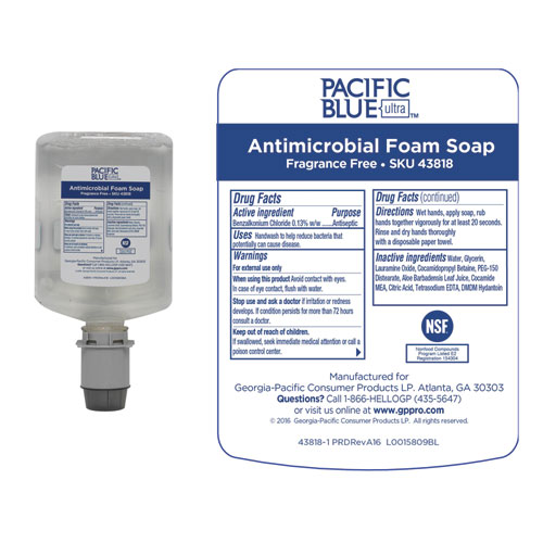 Image of Georgia Pacific® Professional Pacific Blue Ultra Foam Soap Manual Dispenser Refill, Antimicrobial, Unscented, 1,200 Ml, 4/Carton