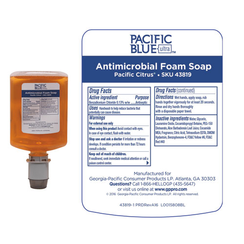 Image of Georgia Pacific® Professional Pacific Blue Ultra Foam Soap Manual Dispenser Refill, Antimicrobial, Pacific Citrus, 1,200 Ml, 4/Carton