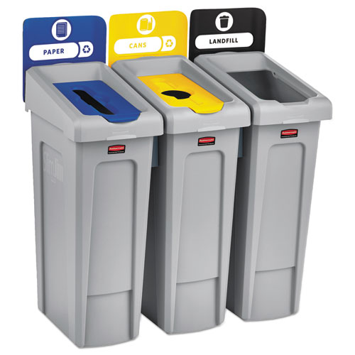 Rubbermaid® Commercial Slim Jim Recycling Station Kit, 3-Stream Landfill/Paper/Bottles/Cans, 69 Gal, Plastic, Blue/Gray/Yellow