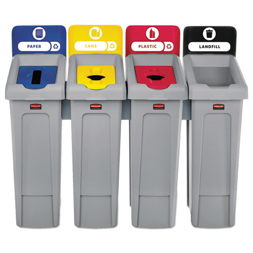 Image of Rubbermaid® Commercial Slim Jim Recycling Station Kit, 4-Stream Landfill/Paper/Plastic/Cans, 92 Gal, Plastic, Blue/Gray/Red/Yellow