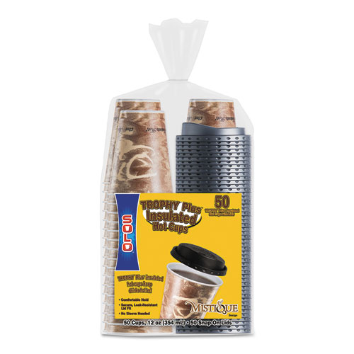BISTRO HOT/COLD FOAM CUPS WITH LIDS, 12 OZ, BROWN, 50/PK