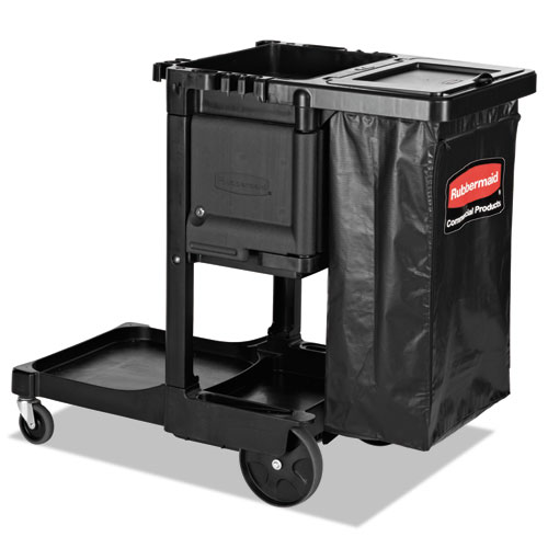 Rubbermaid® Commercial Executive Janitorial Cleaning Cart, Plastic, 4 Shelves, 1 Bin, 12.1" X 22.4" X 23", Black