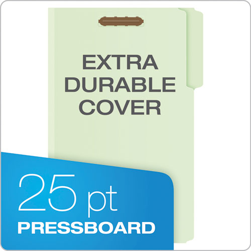 Image of Pendaflex® Heavy-Duty Pressboard Folders With Embossed Fasteners, 1/3-Cut Tabs, 2" Expansion, 2 Fasteners, Legal Size, Green, 25/Box
