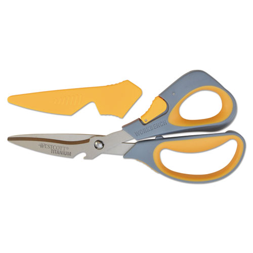 Image of Westcott® Titanium Bonded Workbench Shears, 8" Long, 3" Cut Length, Gray/Yellow Offset Handle