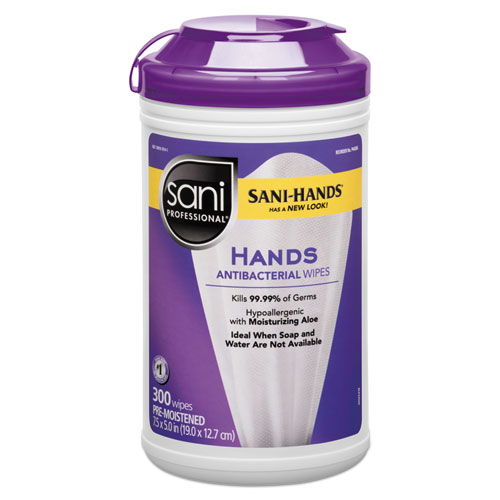 Image of Sani Professional® Antibacterial Wipes, 1-Ply, 5 X 7.5, Unscented, White, 300 Wipes/Canister, 6 Canisters/Carton