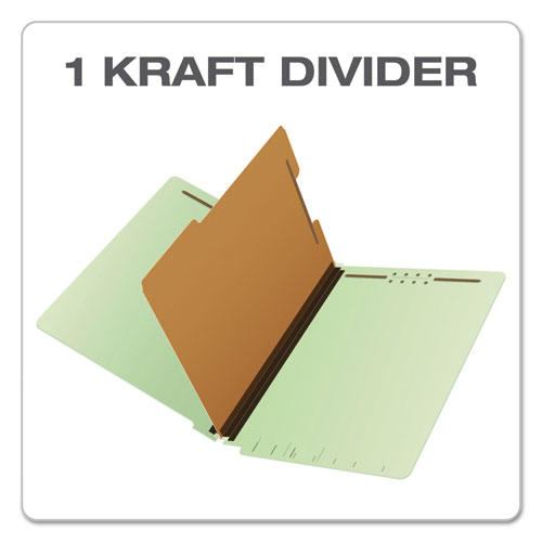 End Tab Classification Folders, 2" Expansion, 1 Divider, 4 Fasteners, Legal Size, Pale Green Exterior, 10/Box